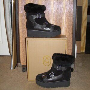 size 9 ASH "Zazie" Black Suede, Leather, and Shearling platform boots Buckles
